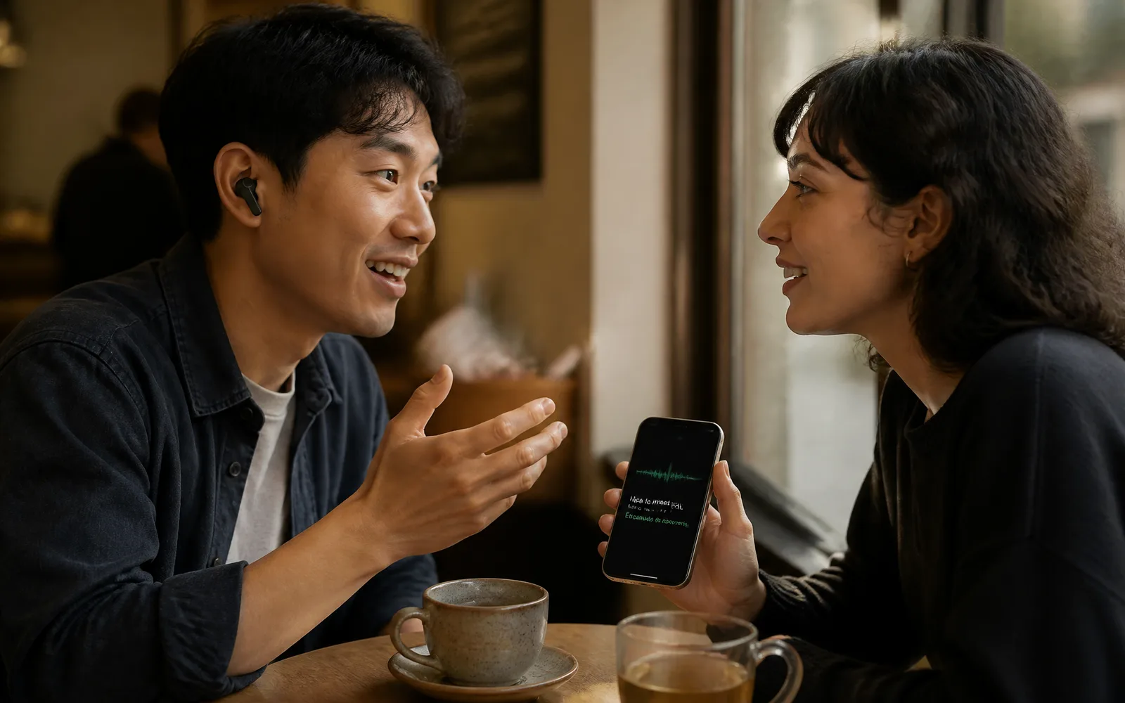 Two people talking across a table, one wearing the earbuds