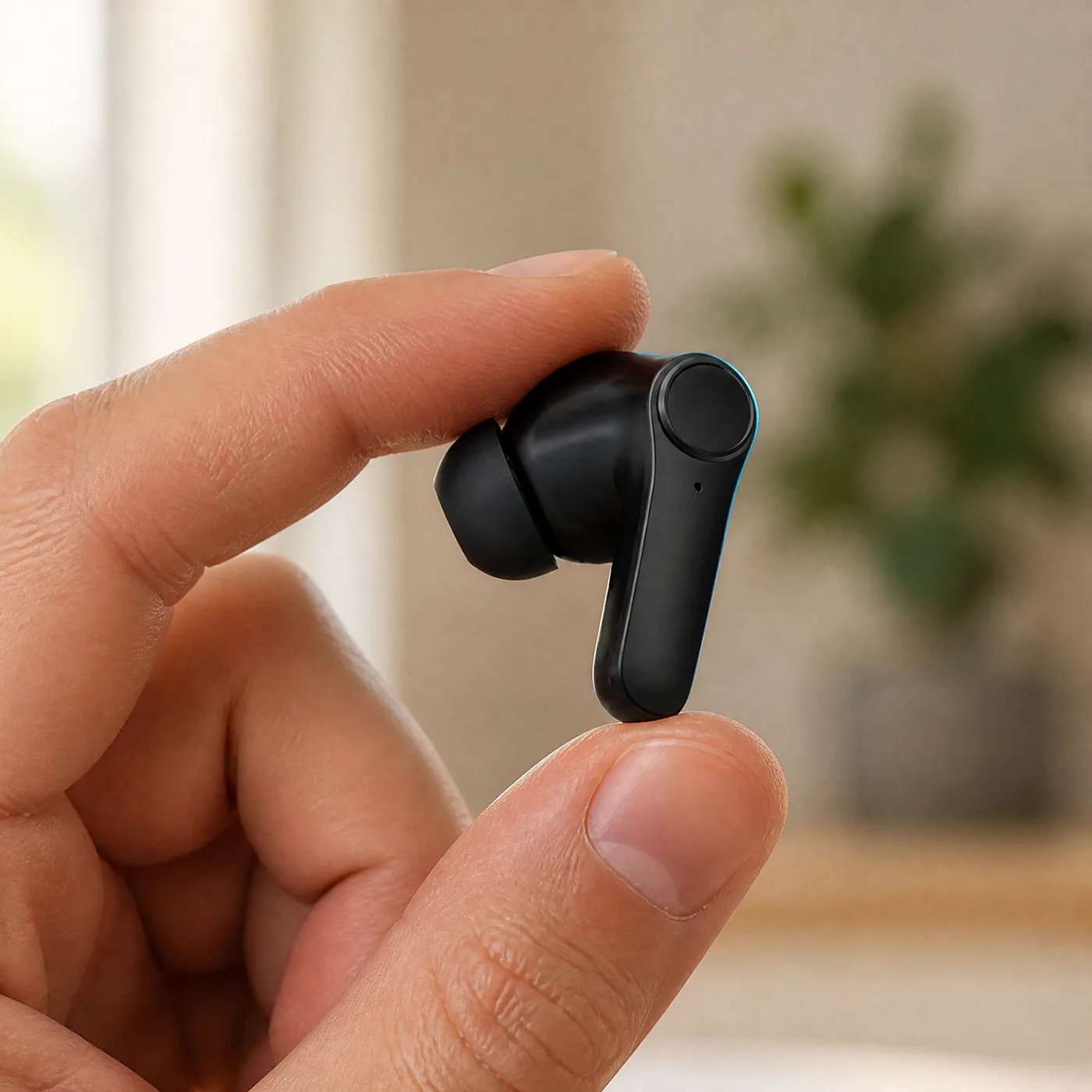 A single earbud held between finger and thumb for scale